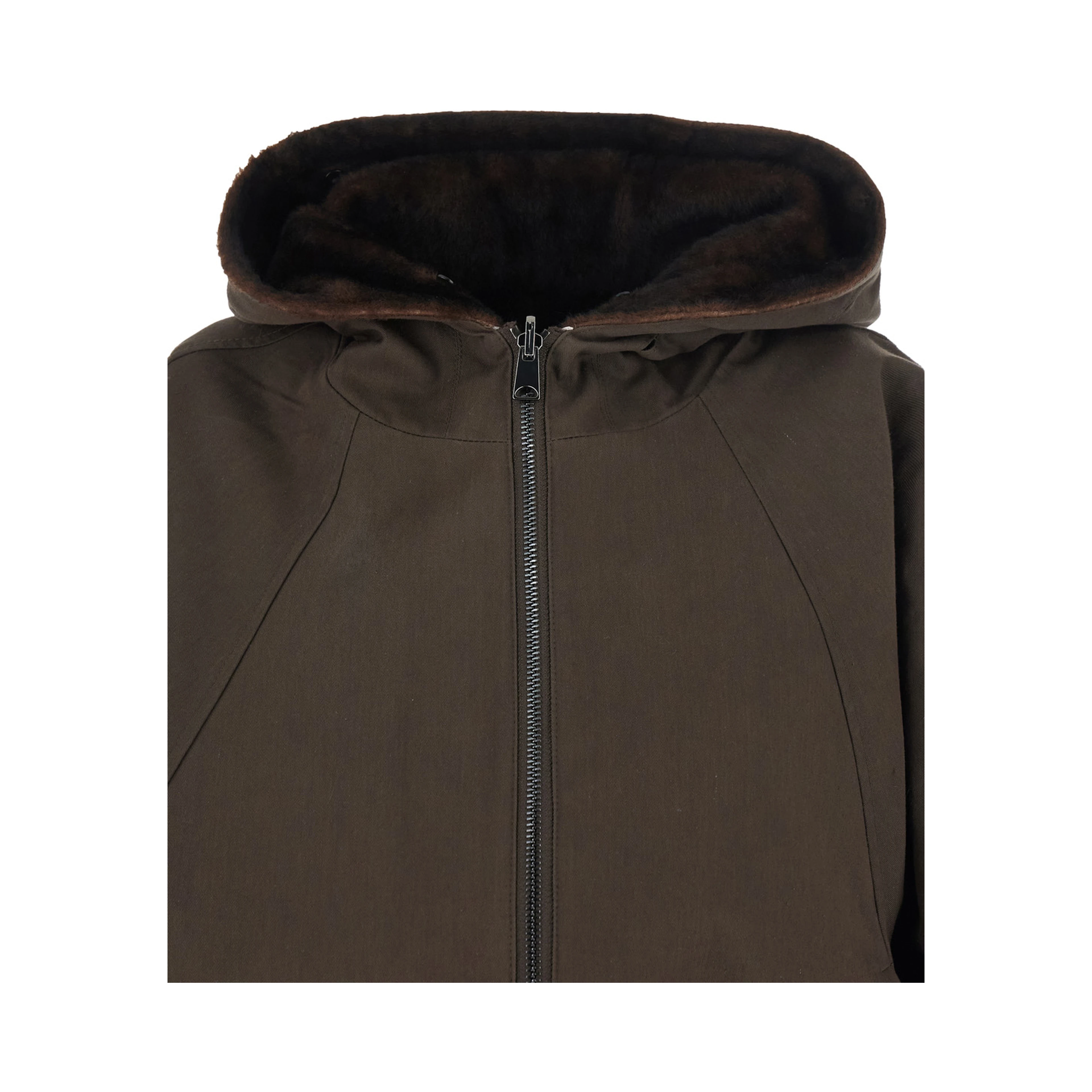 brown jacket with Hooded fur and reversible design in fabric for women