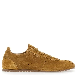brown sneakers with perforated design and embossed logo on the back in suede man