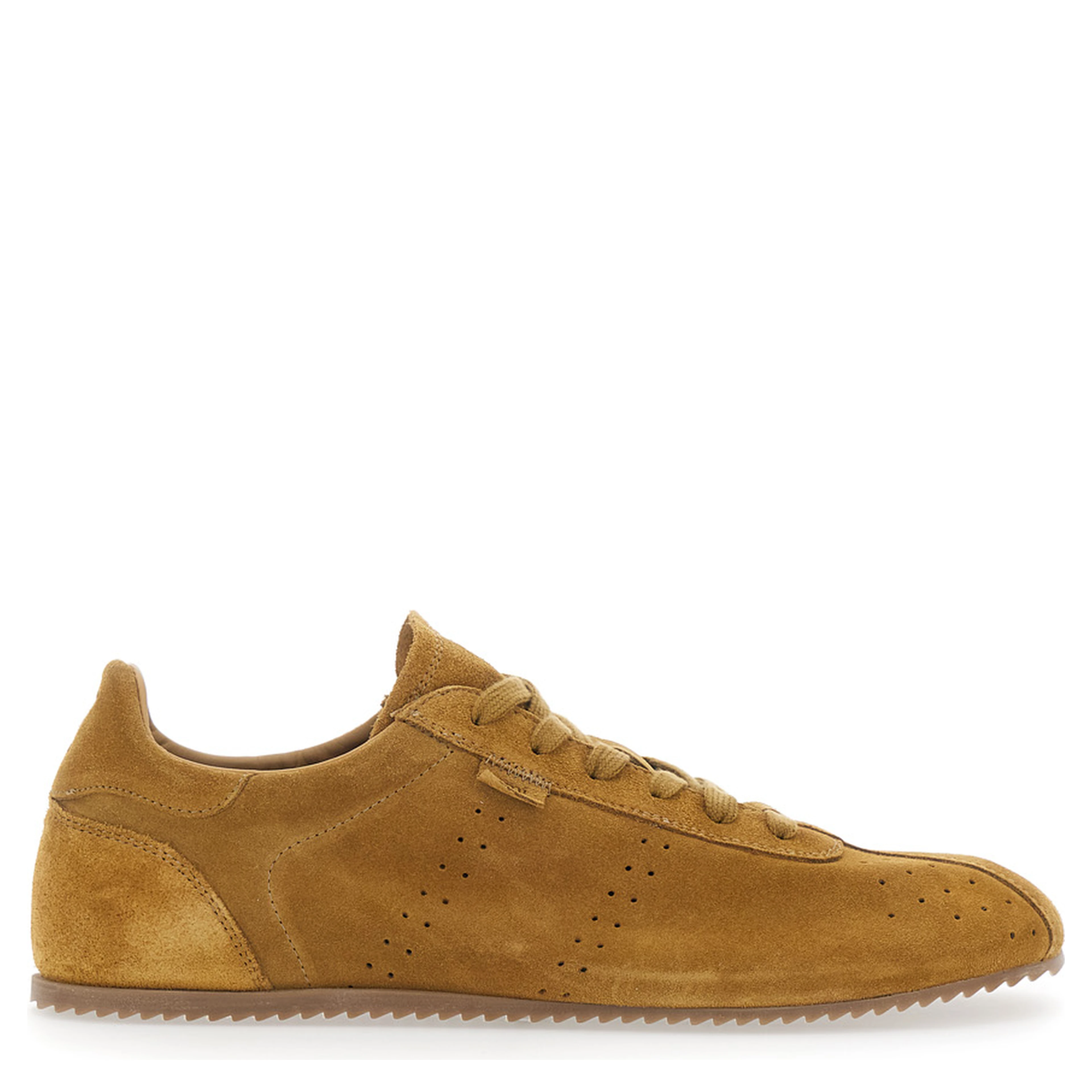 brown sneakers with perforated design and embossed logo on the back in suede man