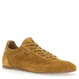 brown sneakers with perforated design and embossed logo on the back in suede man