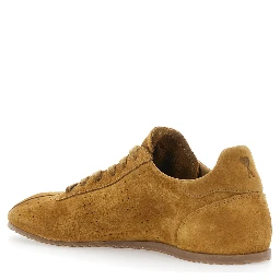 brown sneakers with perforated design and embossed logo on the back in suede man