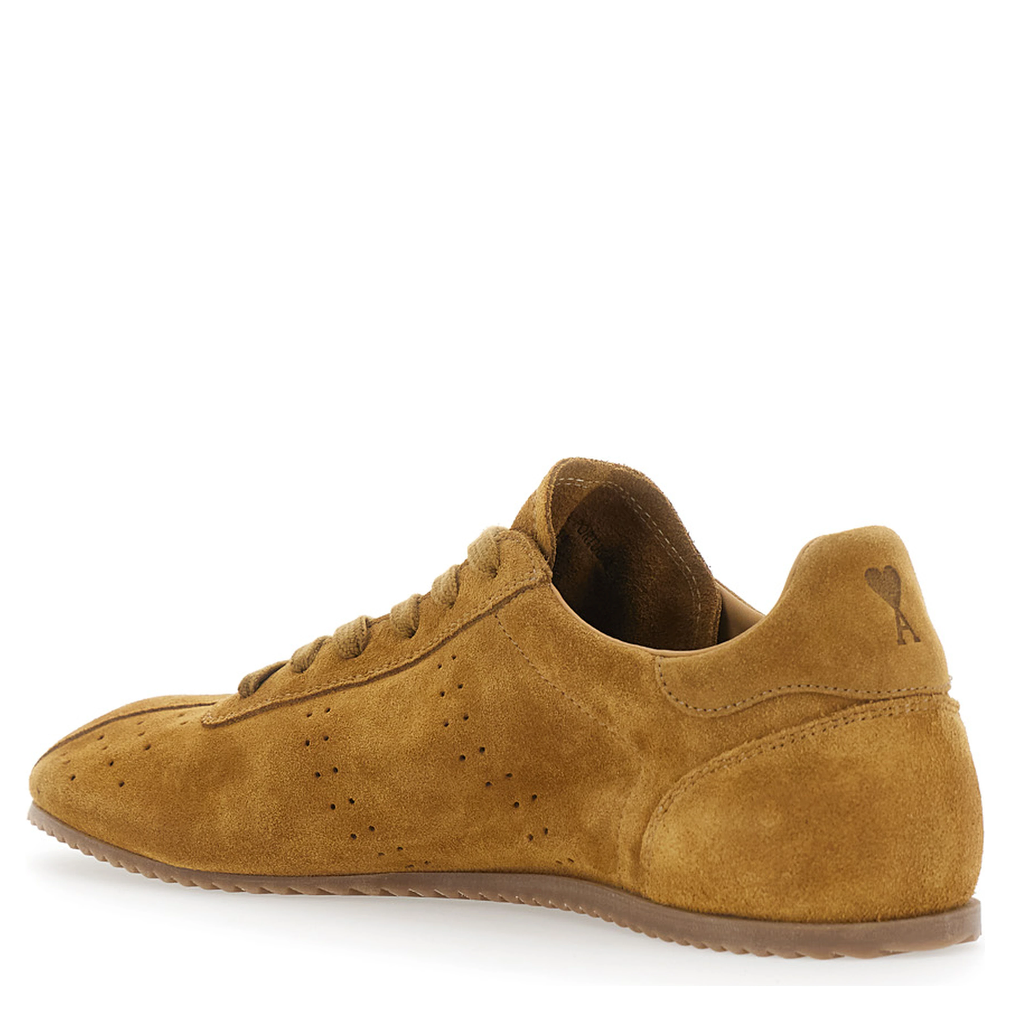 brown sneakers with perforated design and embossed logo on the back in suede man