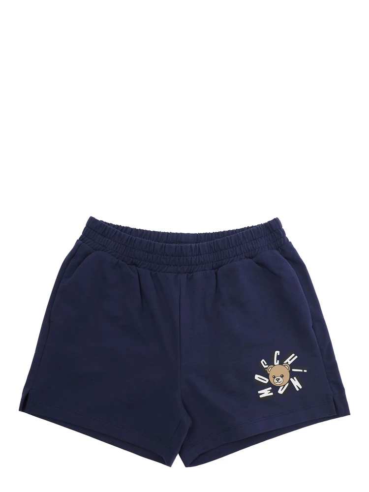 Blue Shorts with Elastic Waist and Front Logo in Cotton for Girls