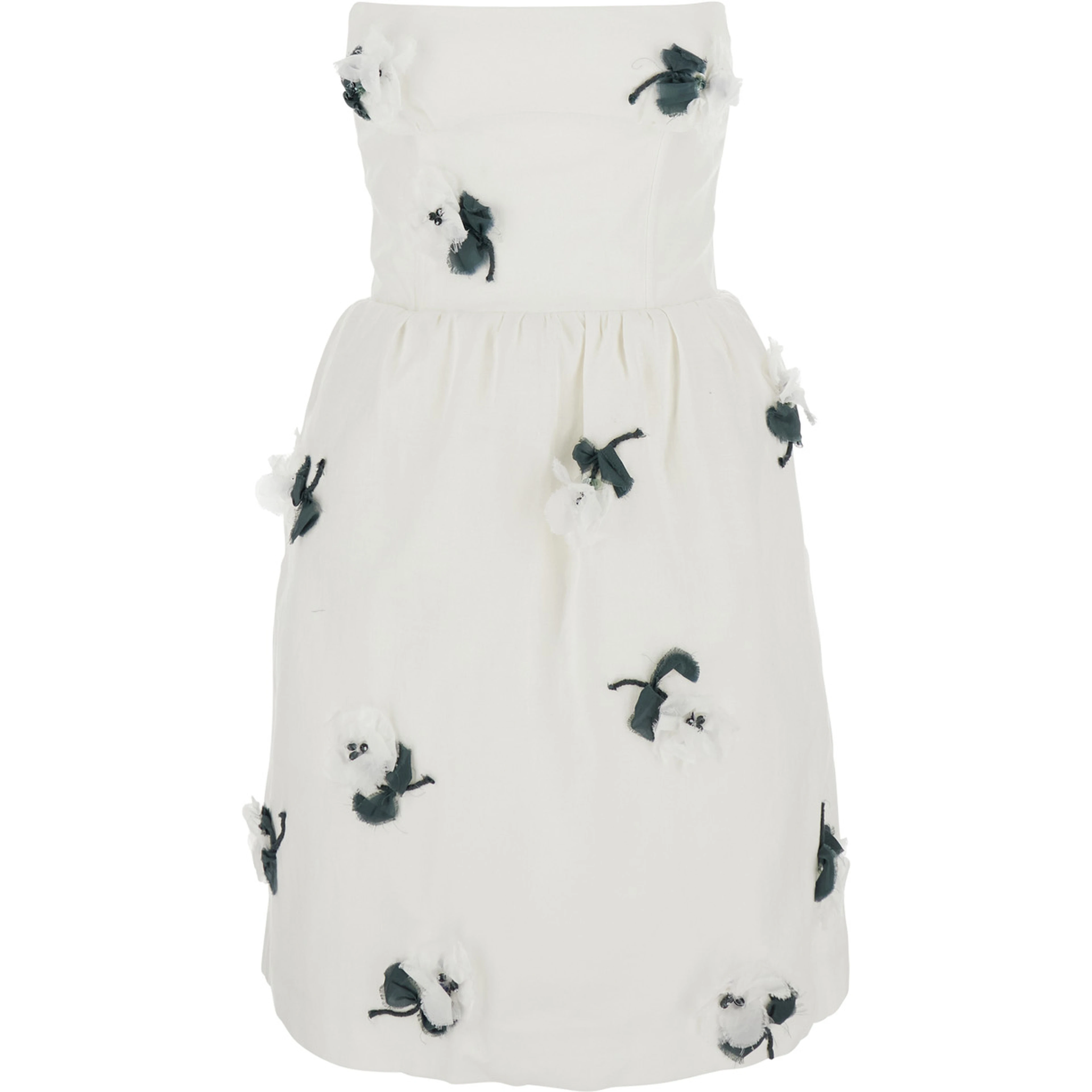 White Linen Strapless Floral Appliqué Dress for Women