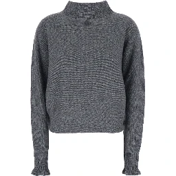 Grey Turtleneck Sweater with Metallic Logo Plaque on the Rear and Flared Cuffs in Wool Blend Woman