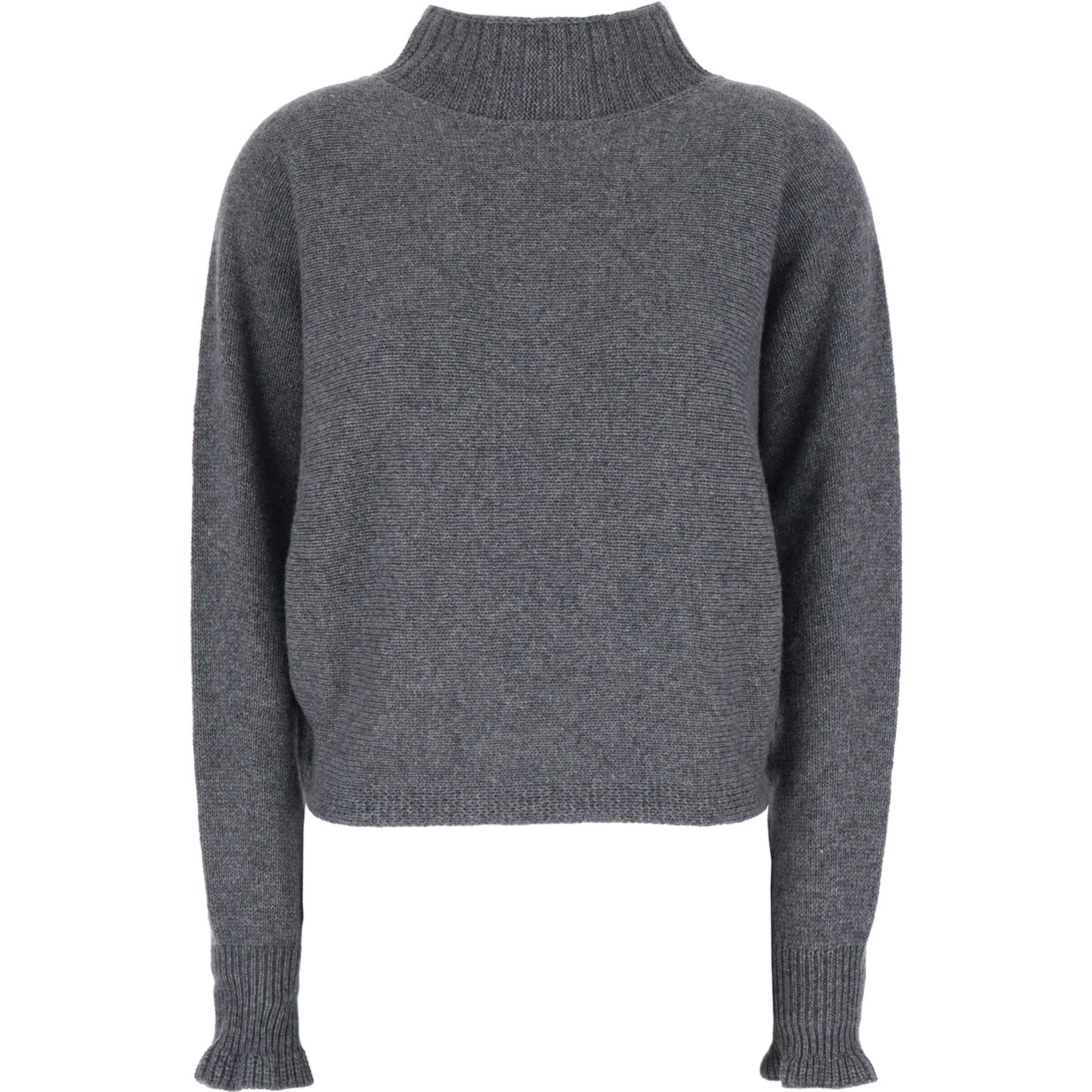 Grey Turtleneck Sweater with Metallic Logo Plaque on the Rear and Flared Cuffs in Wool Blend Woman