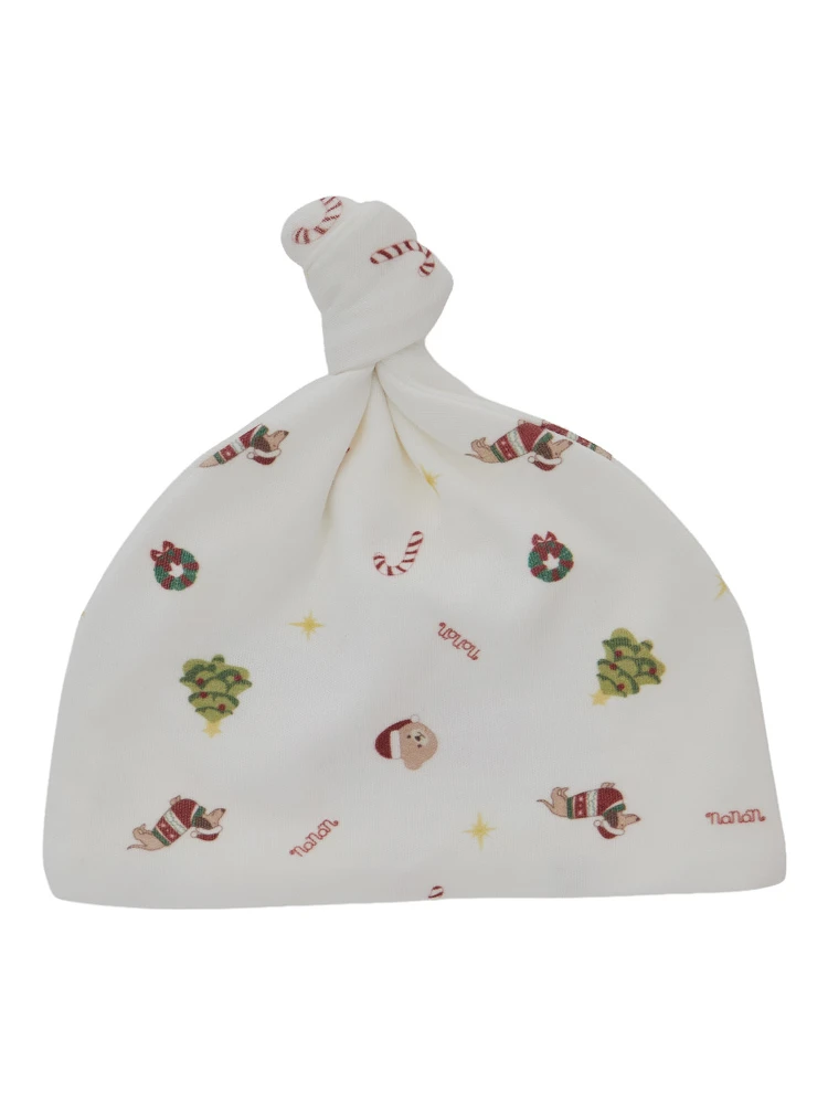 White beanie with all-over print in cotton baby