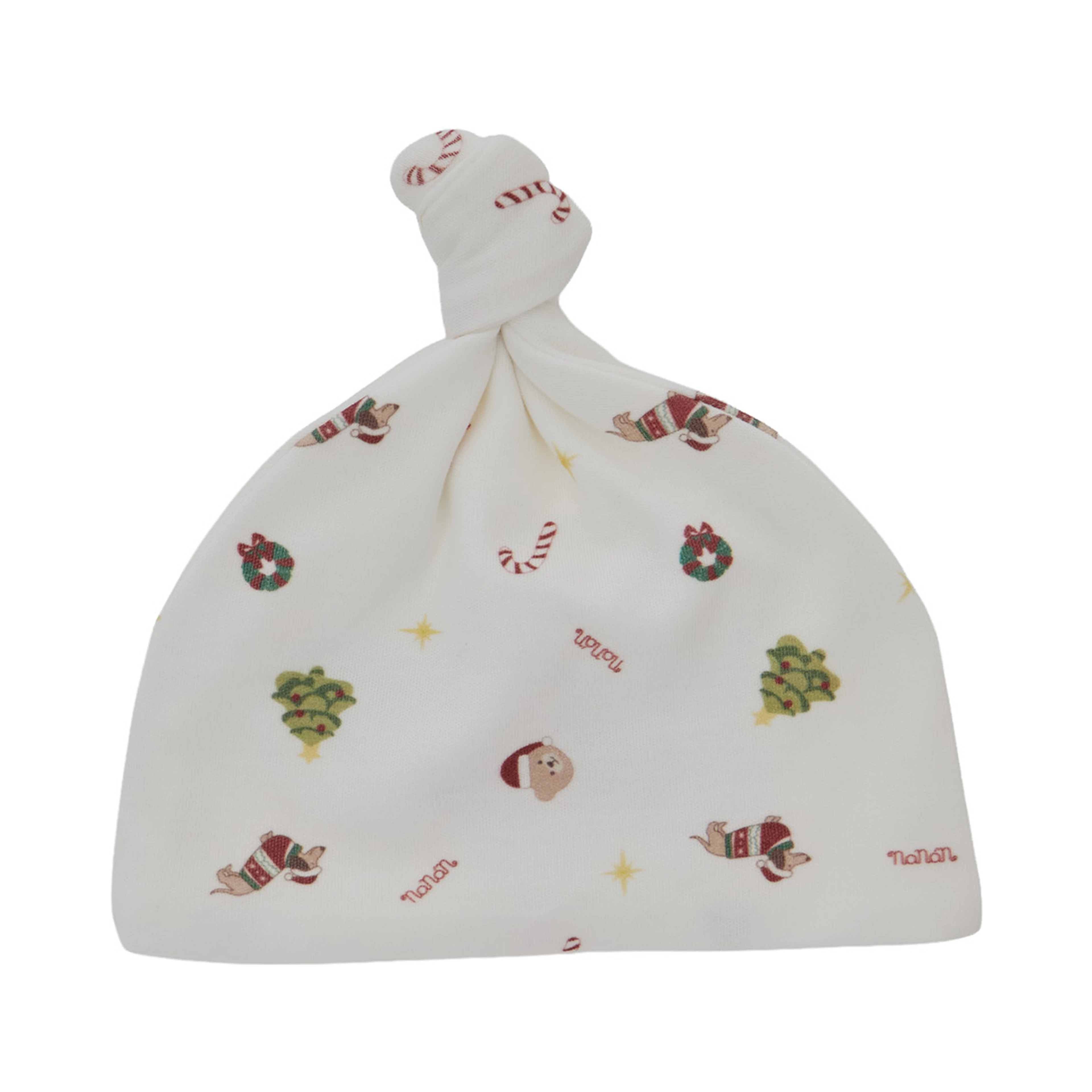 White beanie with all-over print in cotton baby