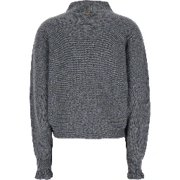 Grey Turtleneck Sweater with Metallic Logo Plaque on the Rear and Flared Cuffs in Wool Blend Woman