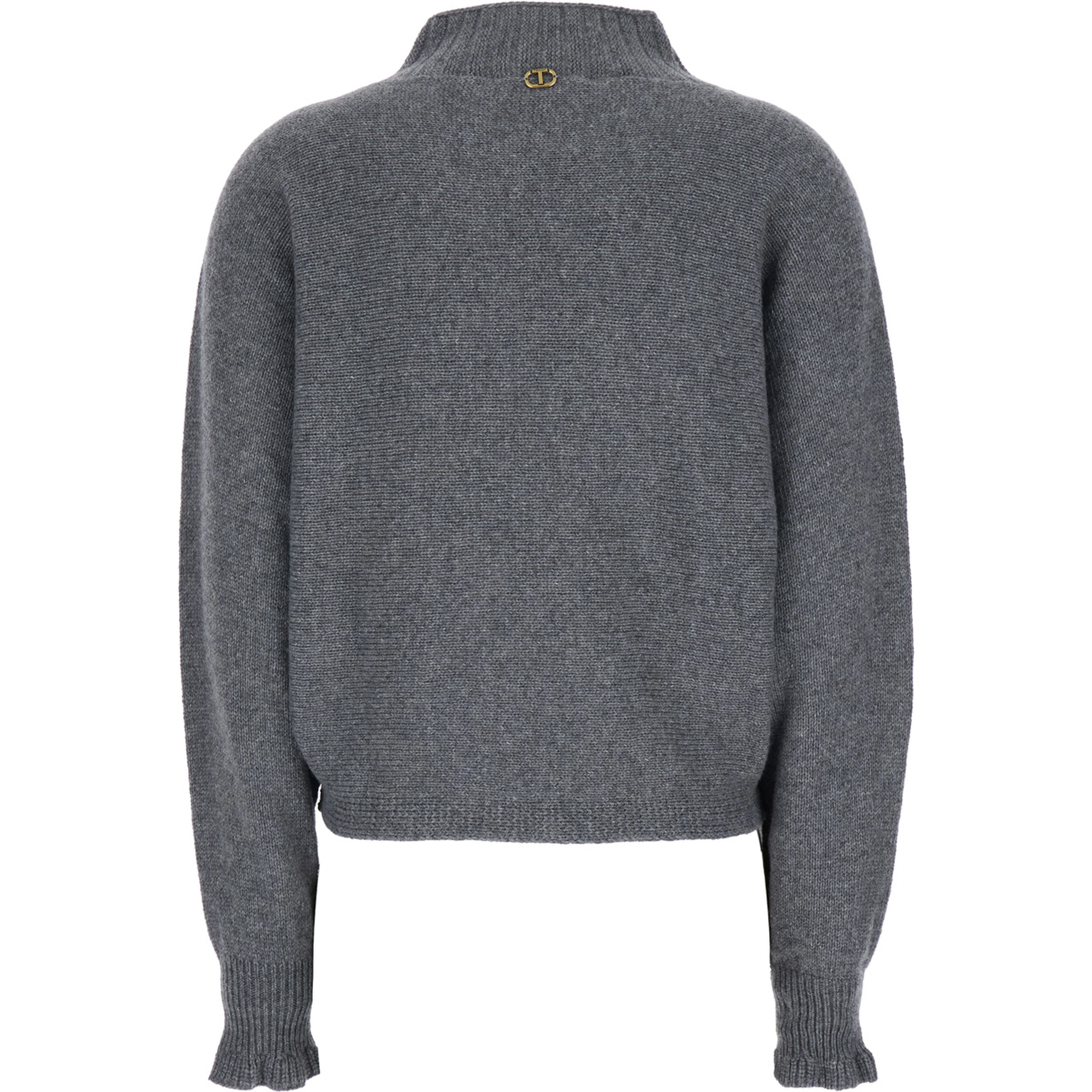 Grey Turtleneck Sweater with Metallic Logo Plaque on the Rear and Flared Cuffs in Wool Blend Woman