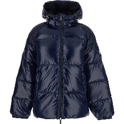 Down jacket Blue with Fixed Hood and Zip Front Closure