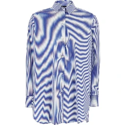 Shirt with Striped Motif and Classic Collar in Blue Fabric for Women