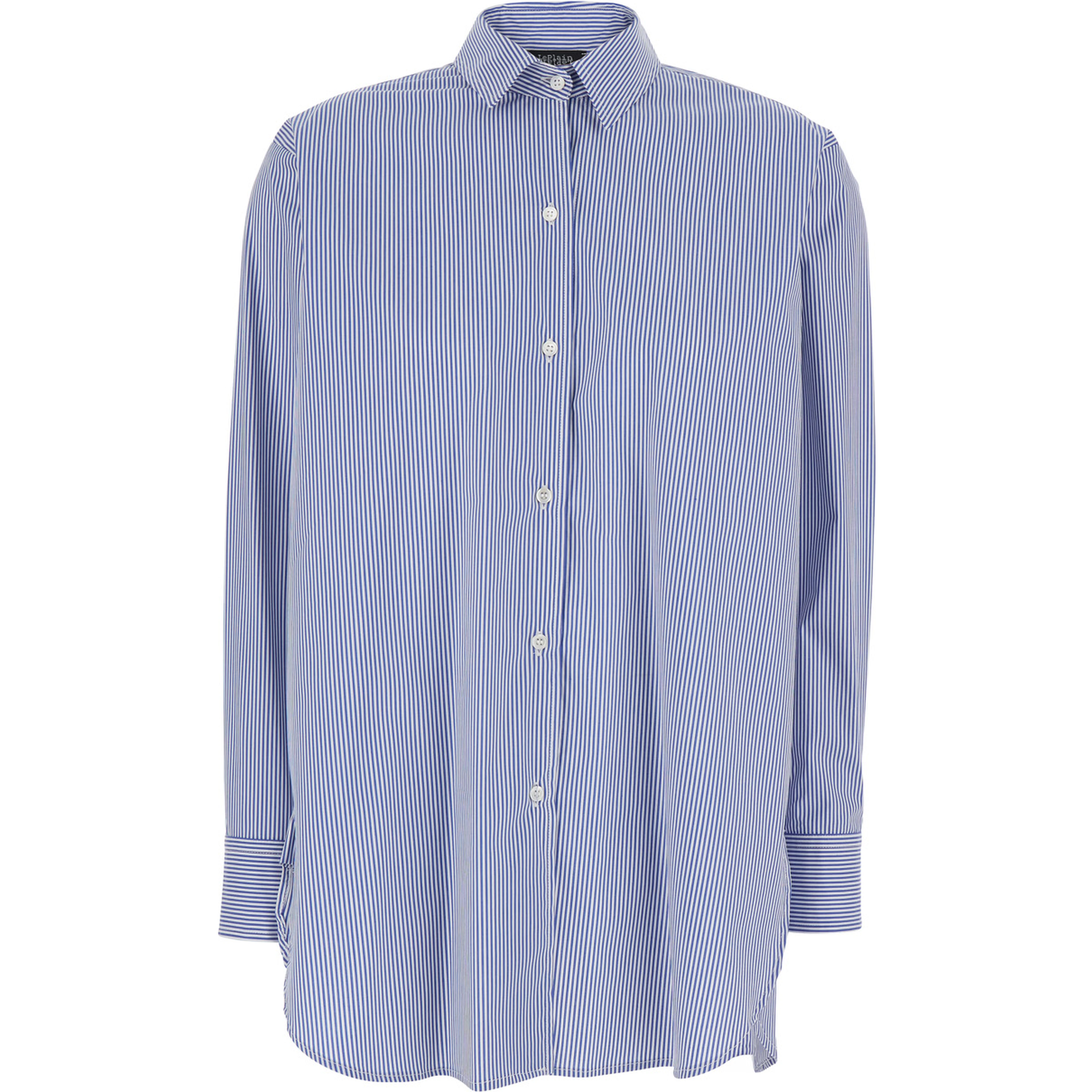 Shirt with Striped Motif and Classic Collar in Blue Fabric for Women
