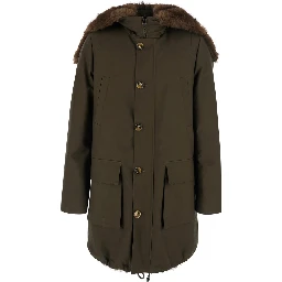 Green Parka with fur hood and button closure on the front in cotton for men