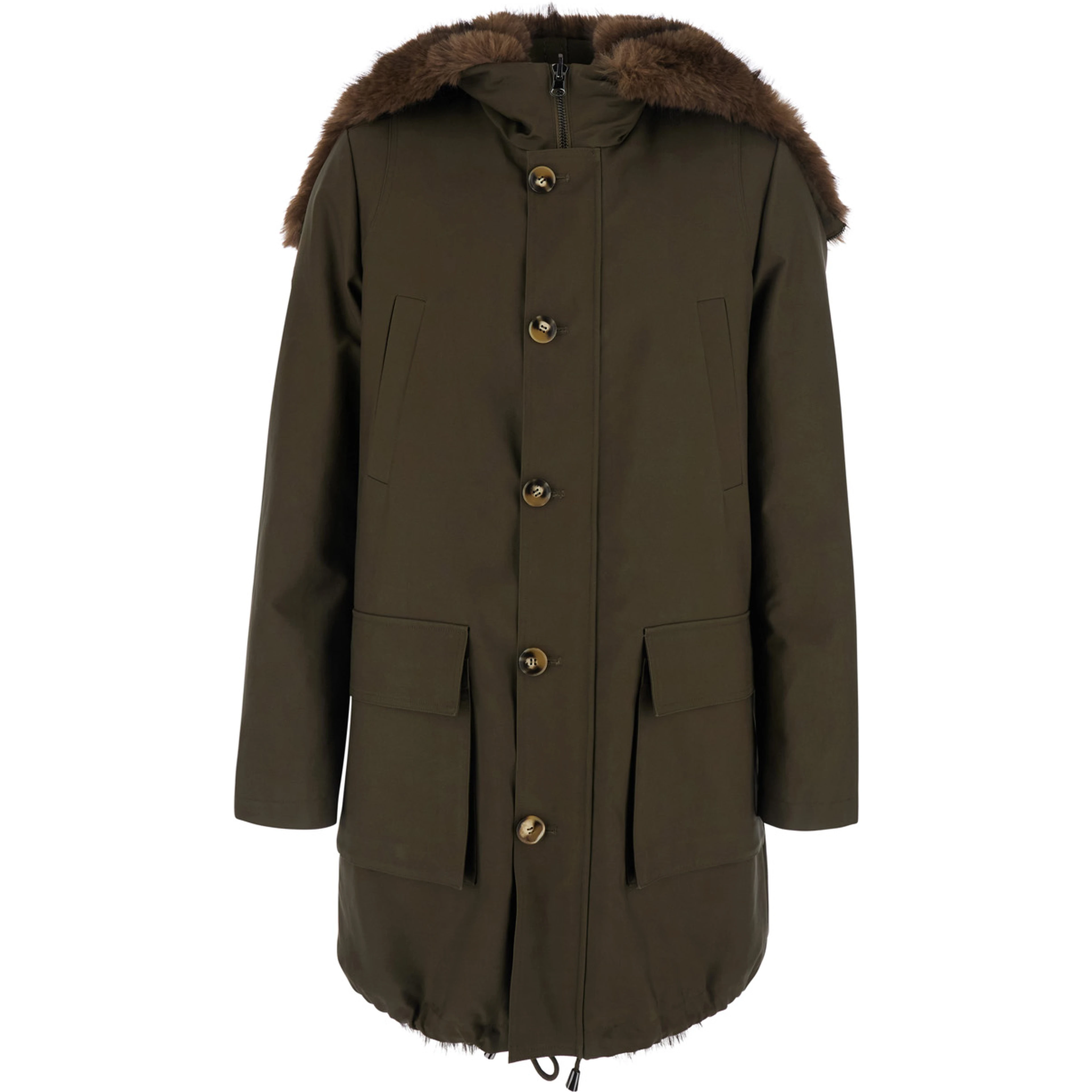 Green Parka with fur hood and button closure on the front in cotton for men