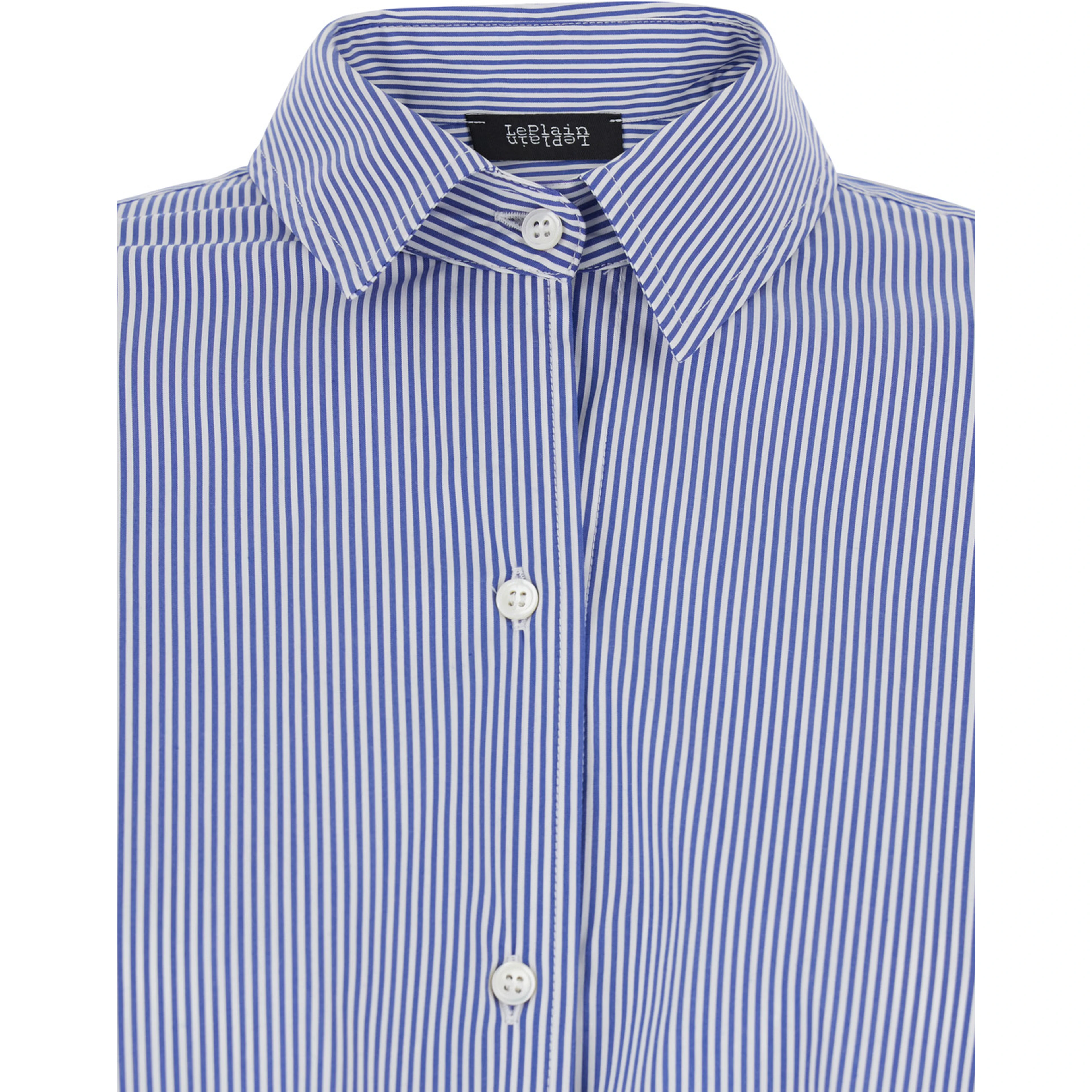Shirt with Striped Motif and Classic Collar in Blue Fabric for Women