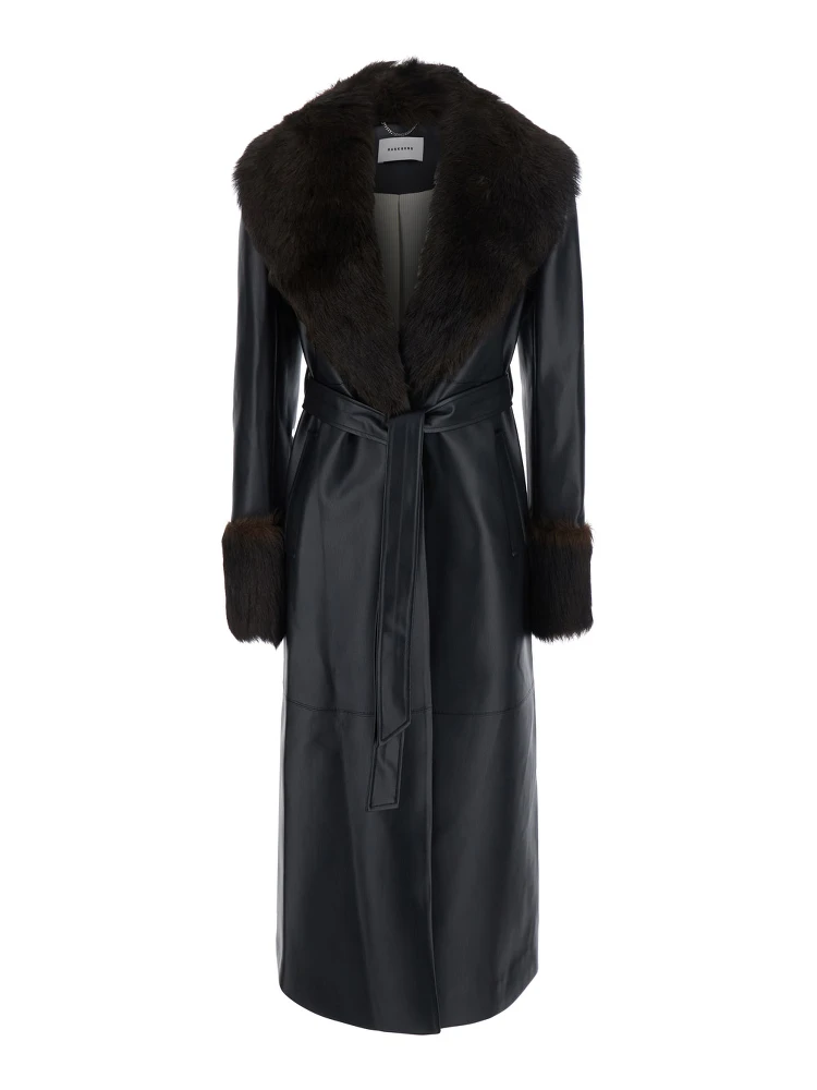 Long leather coat with black fur collar for men
