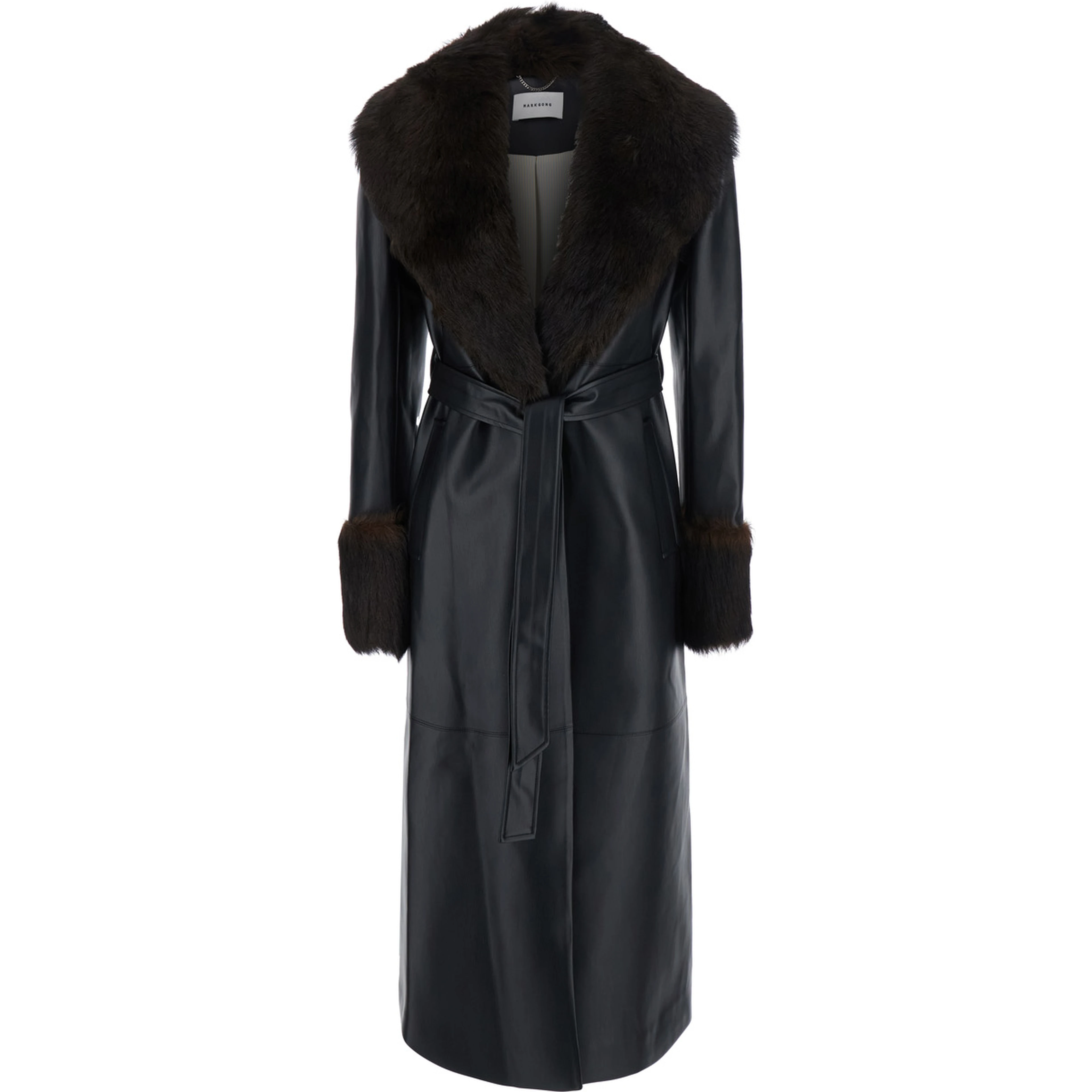 Long leather coat with black fur collar for men
