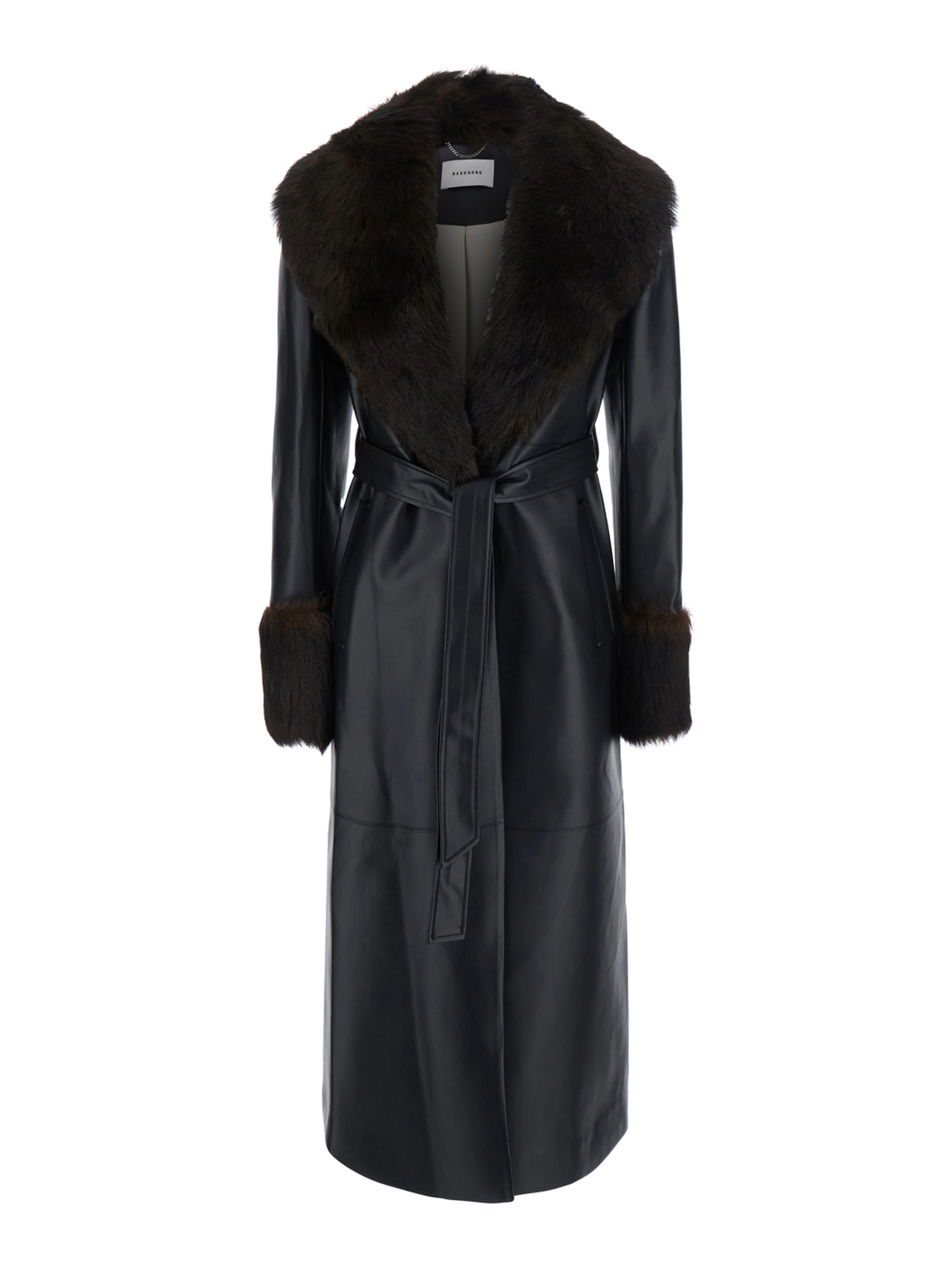 Long leather coat with black fur collar for men
