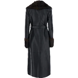 Long leather coat with black fur collar for men