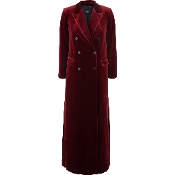 Bordeaux long double-breasted coat with Peak revers in velvet for women