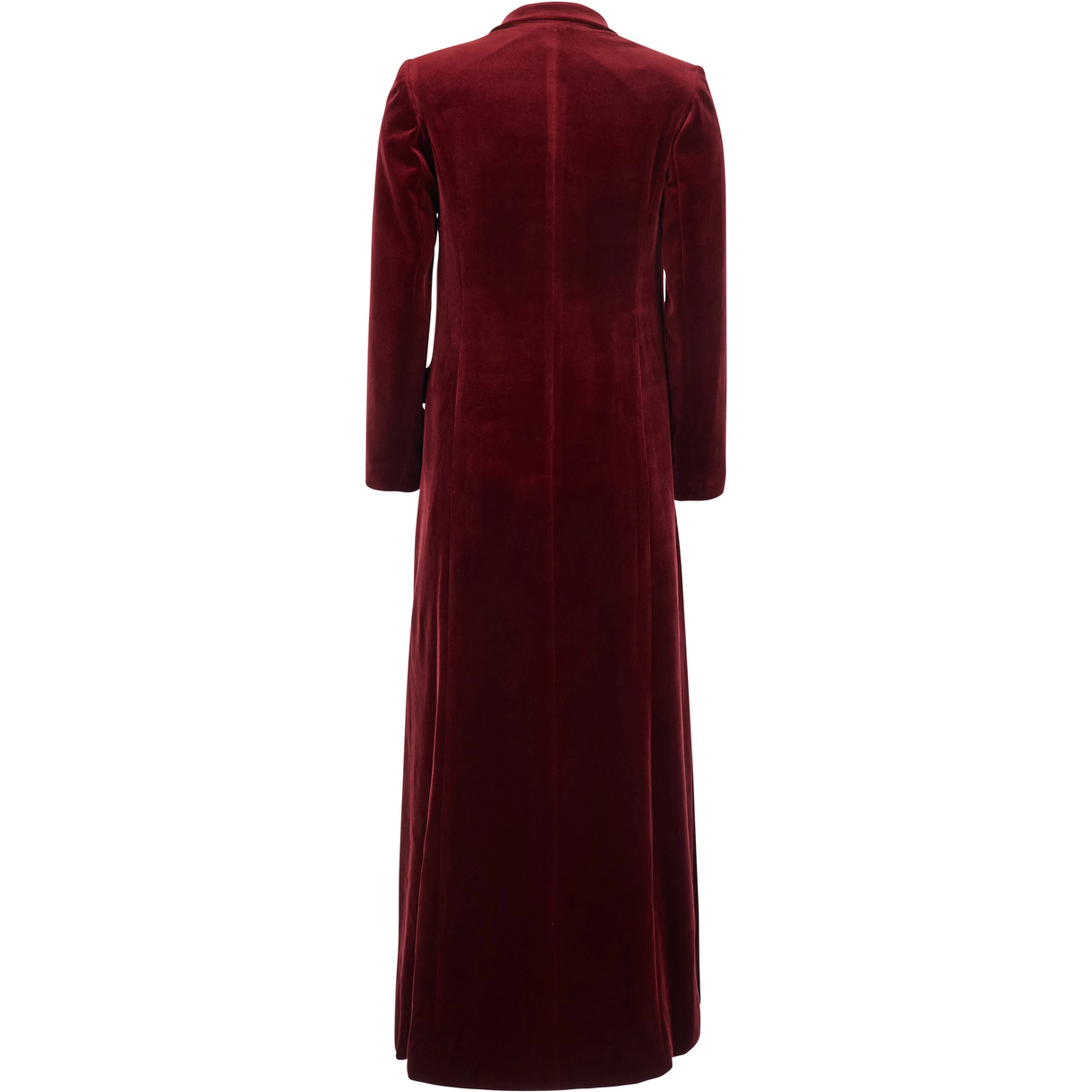 Bordeaux long double-breasted coat with Peak revers in velvet for women