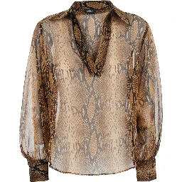 Brown Blouse with wide collar and V-neck with all-over leopard print in fabric for women