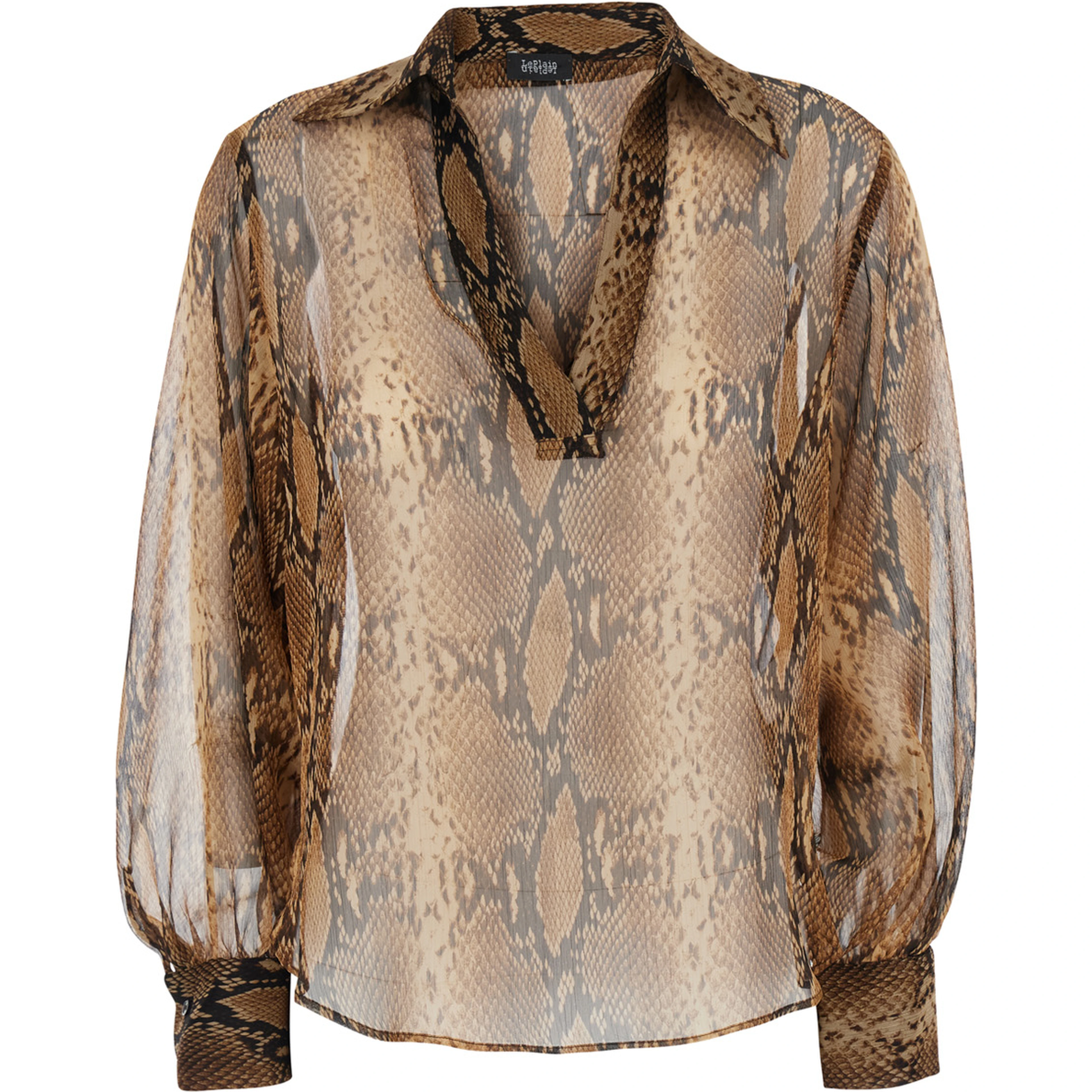 Brown Blouse with wide collar and V-neck with all-over leopard print in fabric for women