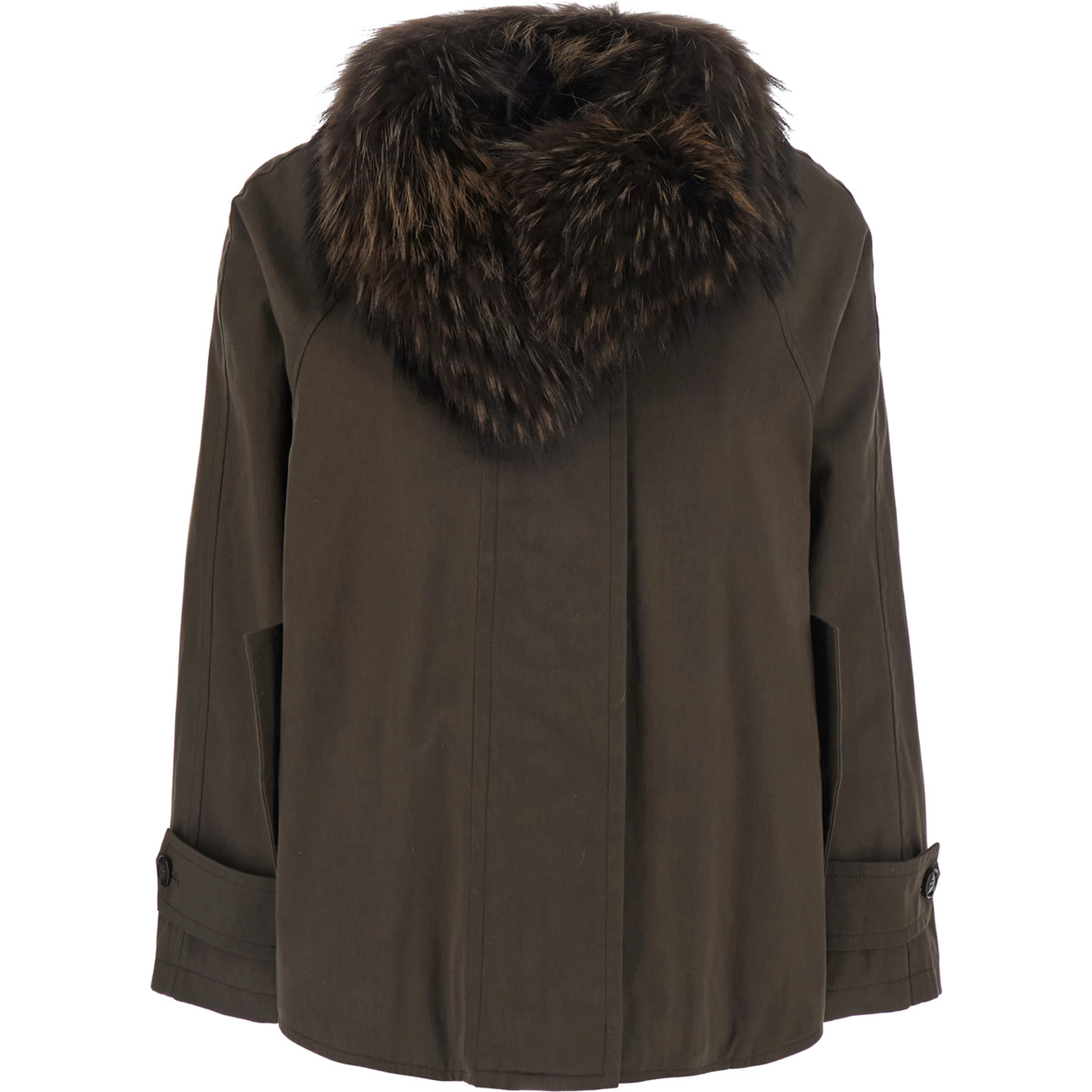 brown Parka with fur collar and belt cuffs in cotton for women