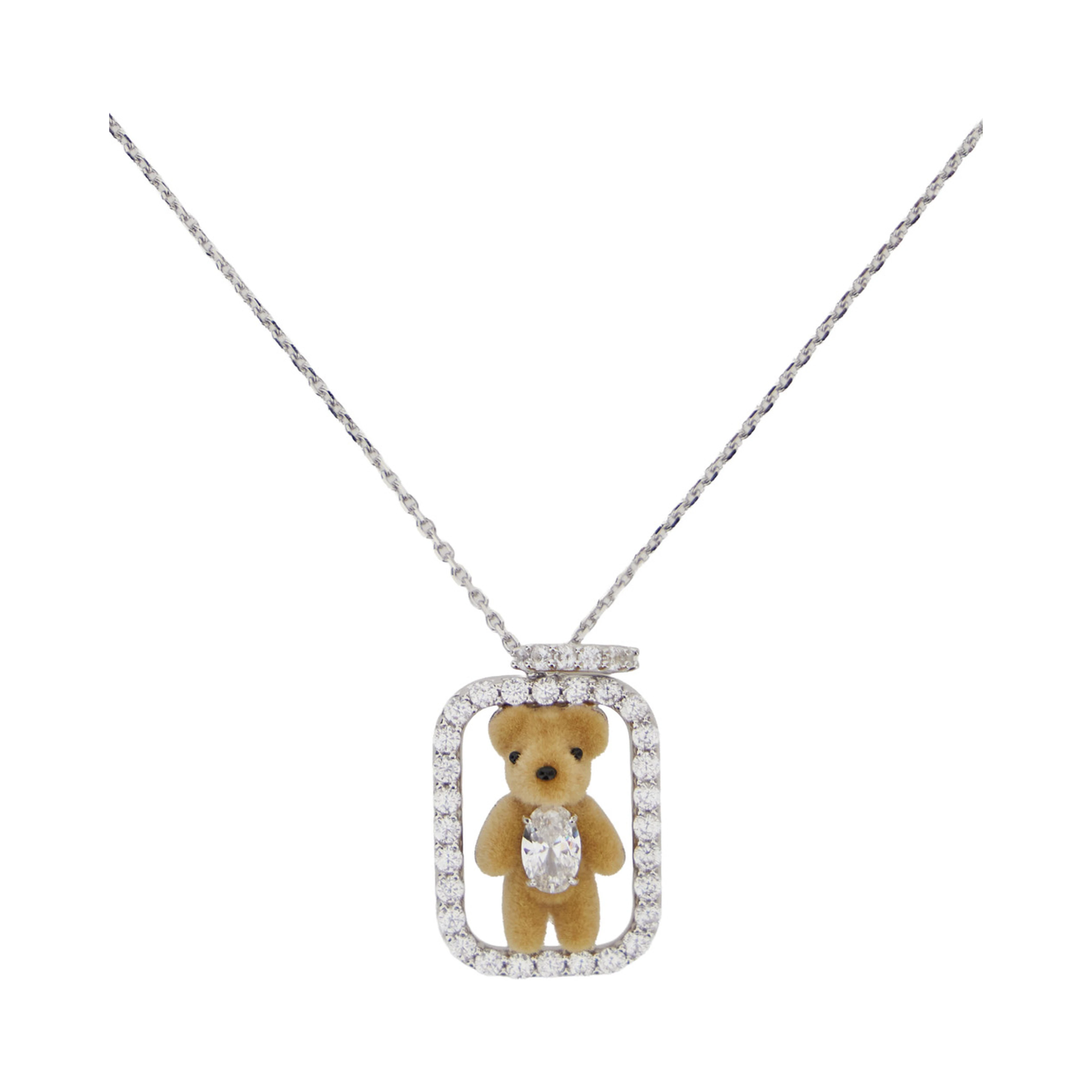 Beige Necklace with pendant with crystals and bear in metal for women