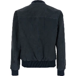 Didier Blue Jacket with Stand-up Collar and Two Zip Pockets on the Front in Suede for Men