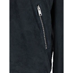 Didier Blue Jacket with Stand-up Collar and Two Zip Pockets on the Front in Suede for Men