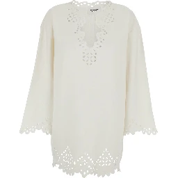 Dress Sherazade Crew Neck with Cut-Out Details and Scalloped Hem in White Cotton for Women