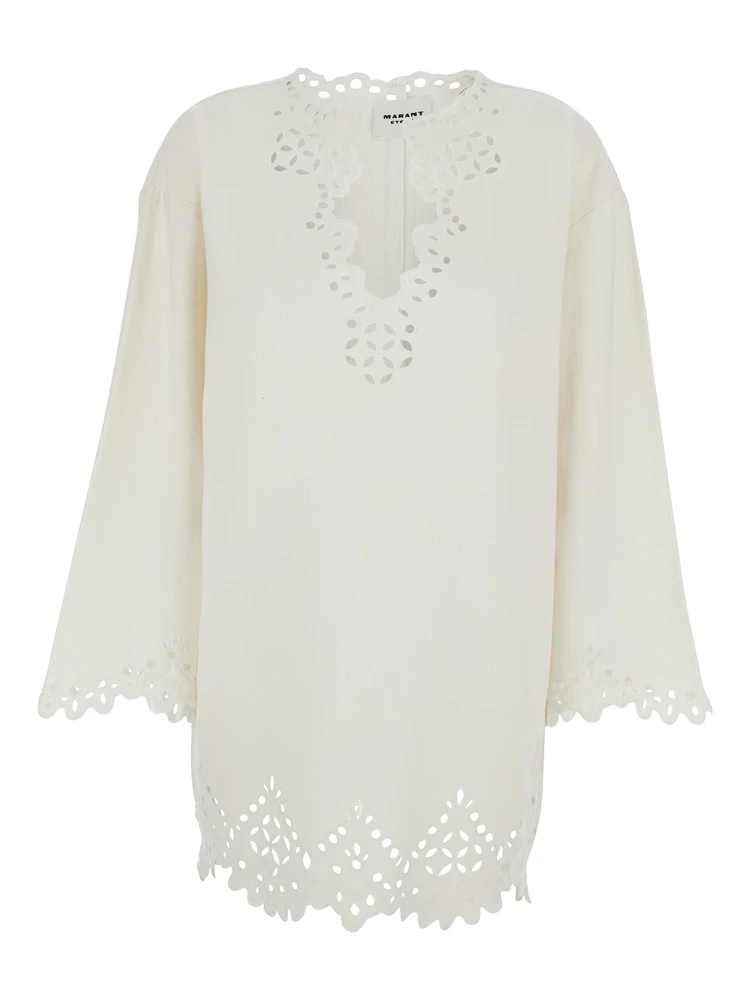 Dress Sherazade Crew Neck with Cut-Out Details and Scalloped Hem in White Cotton for Women