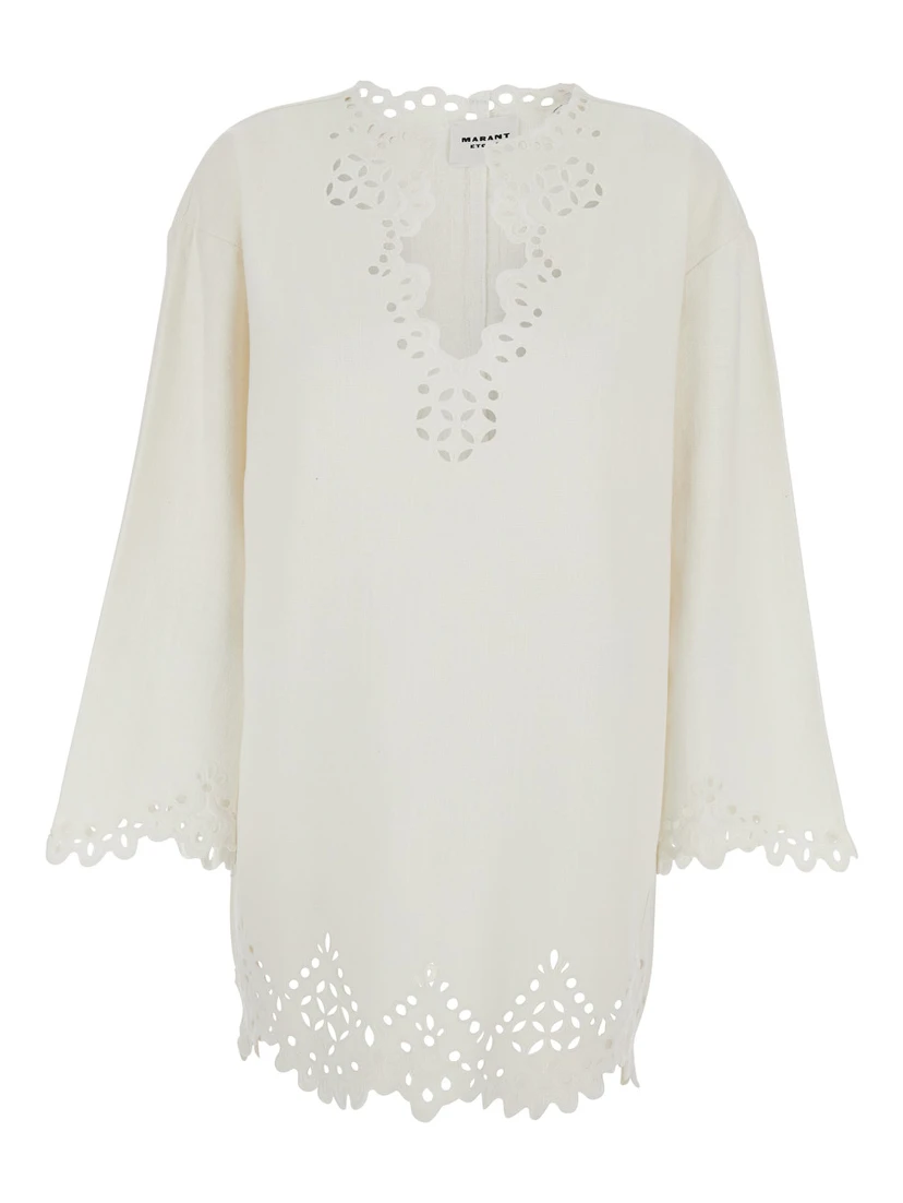 Dress Sherazade Crew Neck with Cut-Out Details and Scalloped Hem in White Cotton for Women