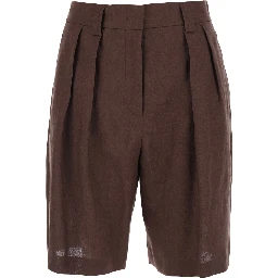 Brown Linen Front Pleated Shorts for Women