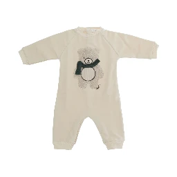 Beige Round-neck romper with bear on the front in stretch cotton for baby