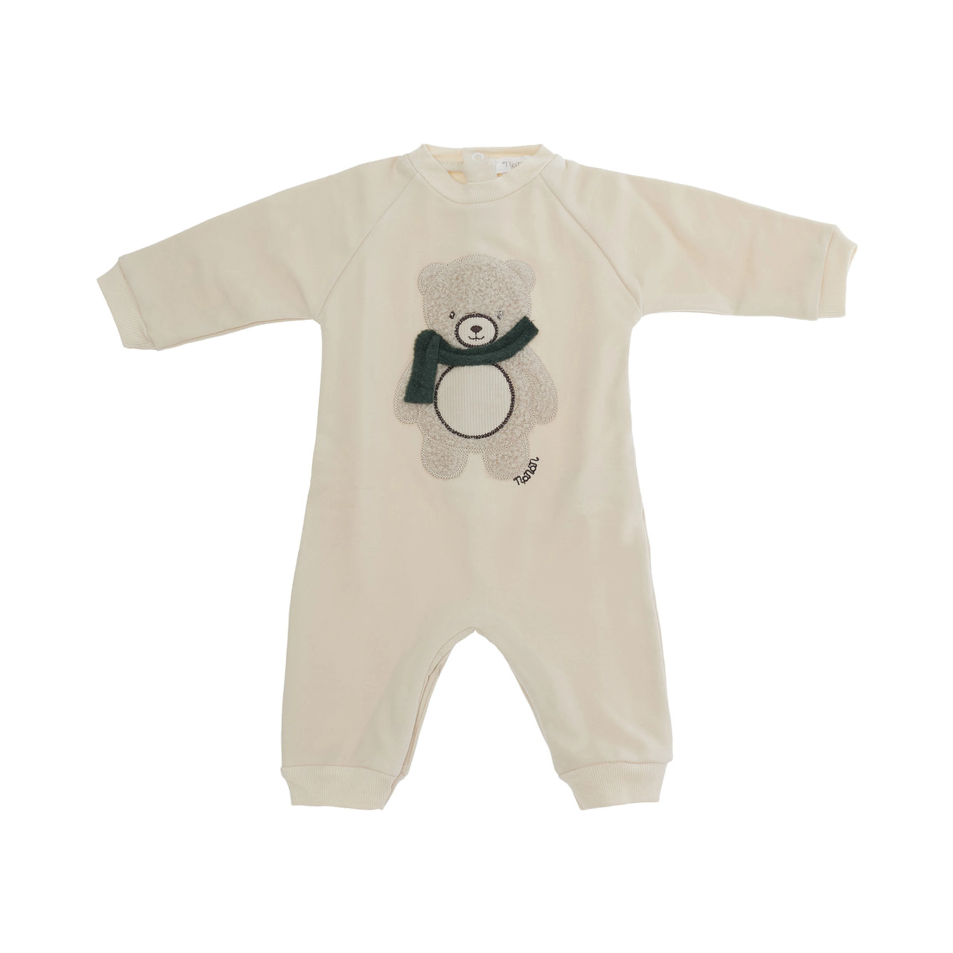 Beige Round-neck romper with bear on the front in stretch cotton for baby