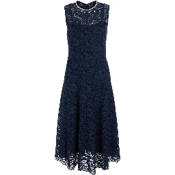 Blue Long Dress with All-Over Lace Detail in Cotton Blend Woman