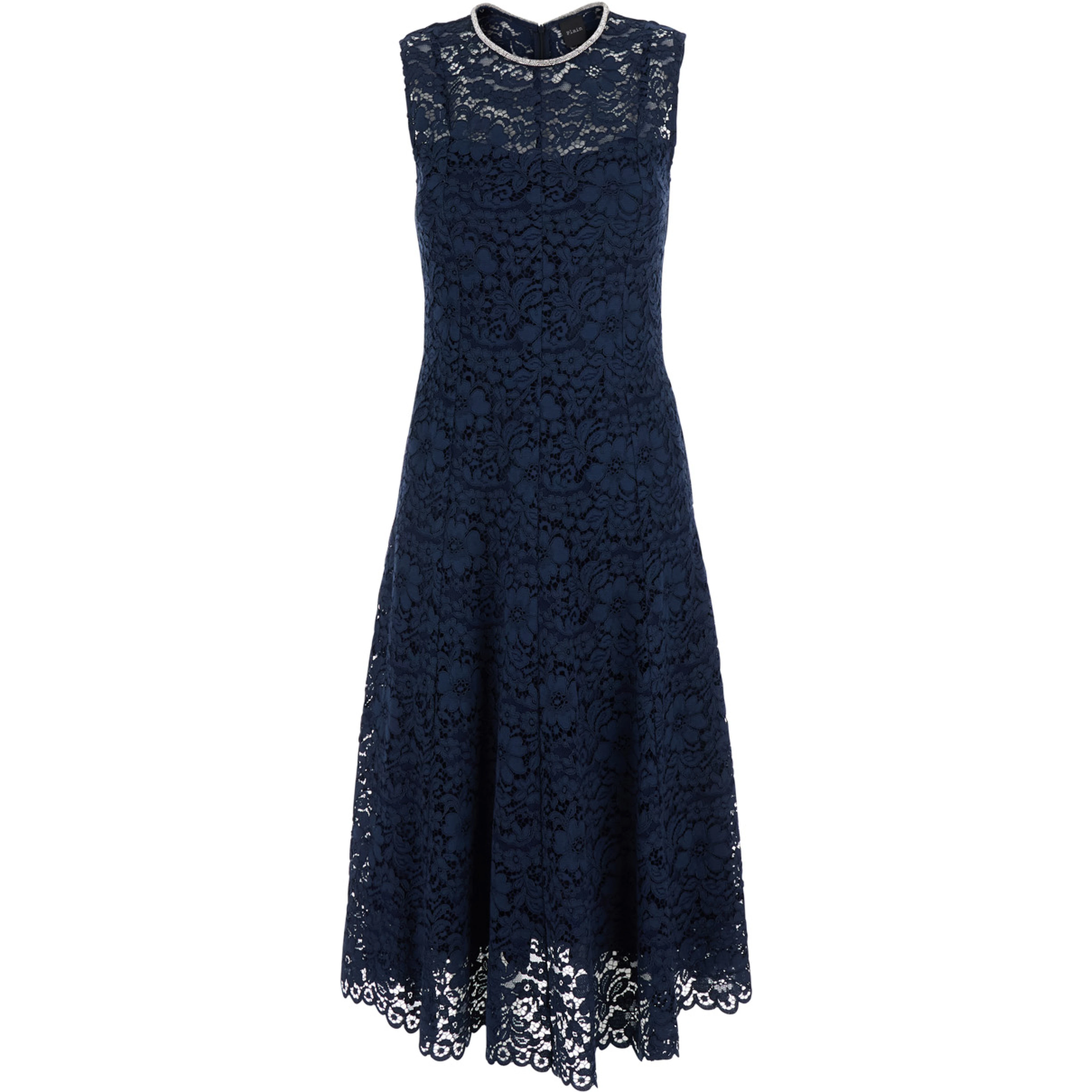 Blue Long Dress with All-Over Lace Detail in Cotton Blend Woman