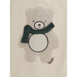 Beige Round-neck romper with bear on the front in stretch cotton for baby