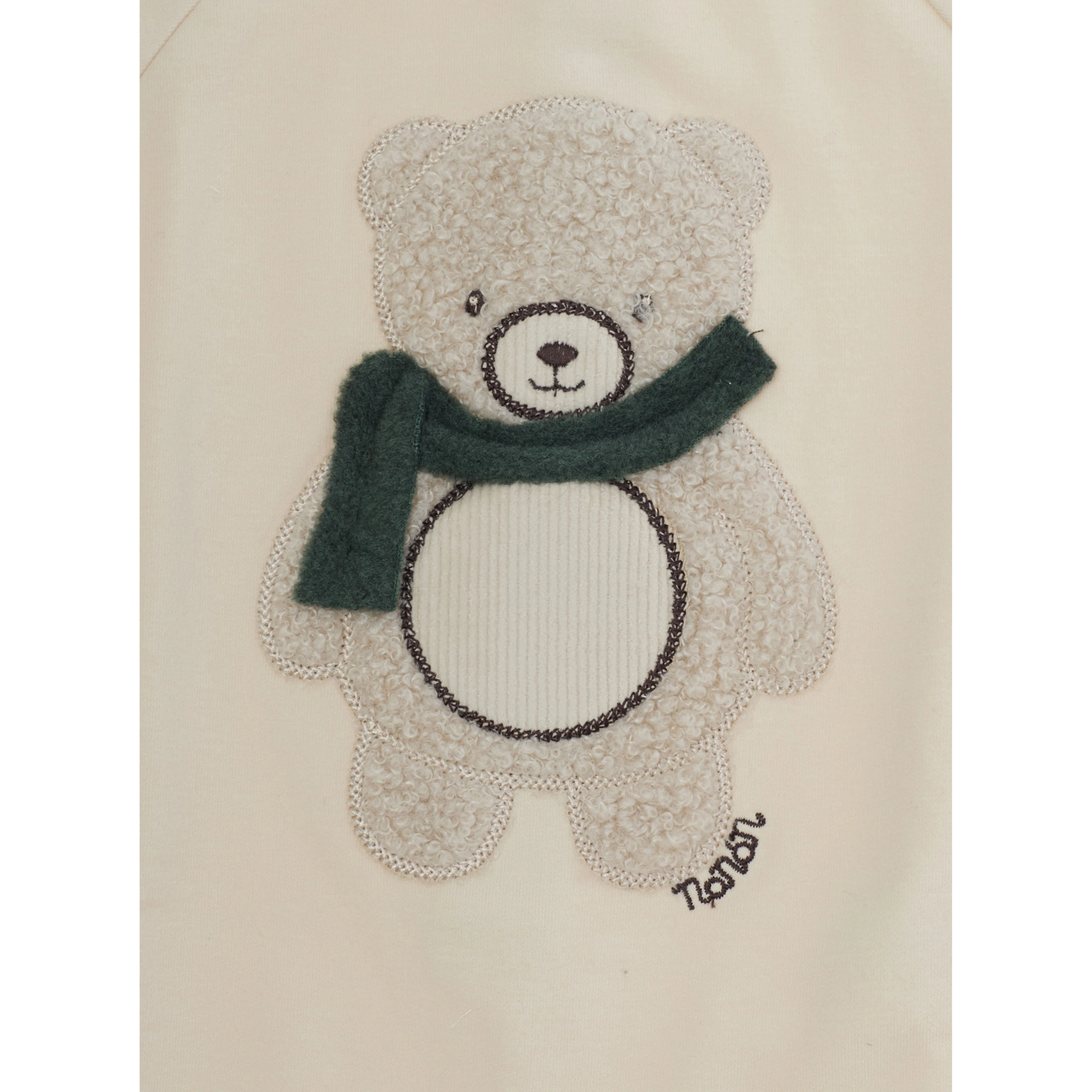 Beige Round-neck romper with bear on the front in stretch cotton for baby