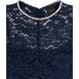 Blue Long Dress with All-Over Lace Detail in Cotton Blend Woman