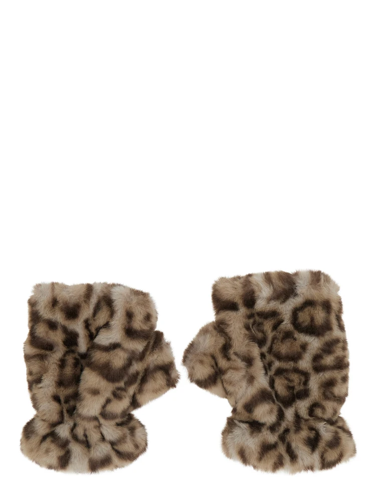 Ariel Brown Fingerless gloves with leopard print in eco-fur for women