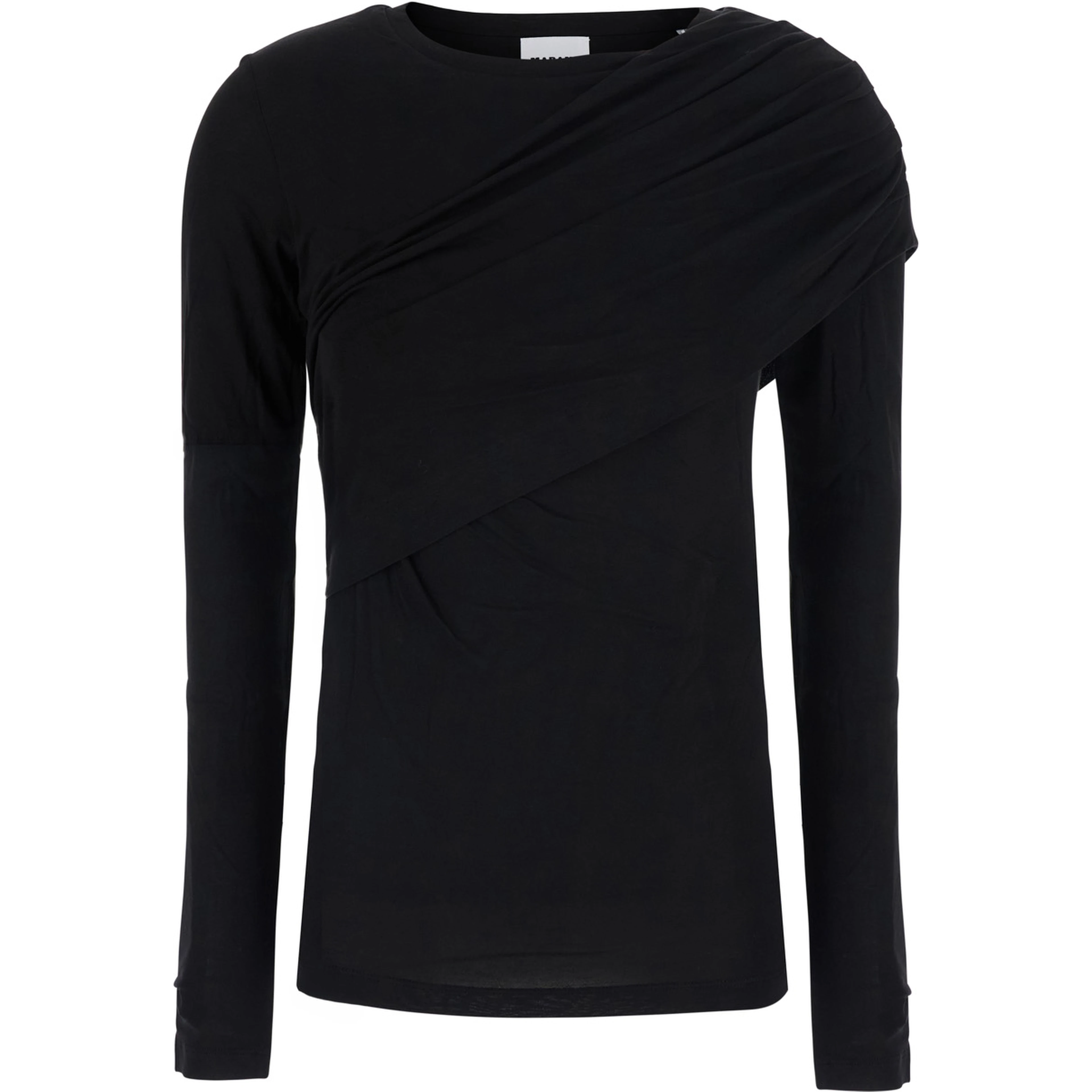 Dressi Black Top with draped motif on the front in viscose for women