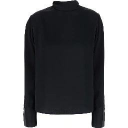 Black High Neck Blouse with Bow on the Back in Satin for Women