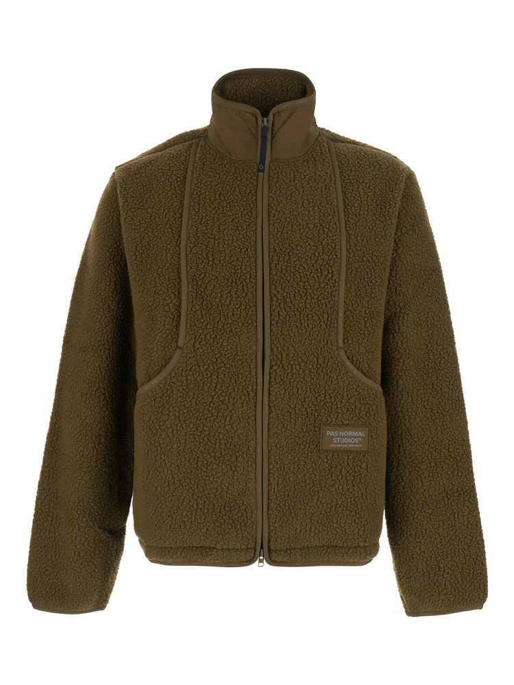 Green Jacket with High Collar and Logo Patch on the Front in Tech Fabric for Women