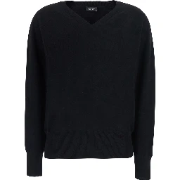 V NECK 12GG Sweater with V-neck and long sleeves in black cashmere for women