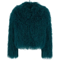 Petrol Blue Short Jacket with Hidden Closure on the Front in Fur for Women