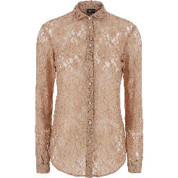 Beige Shirt with classic collar and all-over lace embroidery in fabric for women